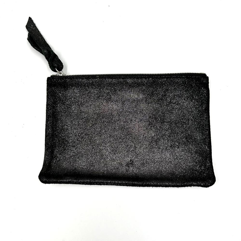 Monserat De Lucca Black Silver Metallic Crackle Leather Zip Pouch Clutch